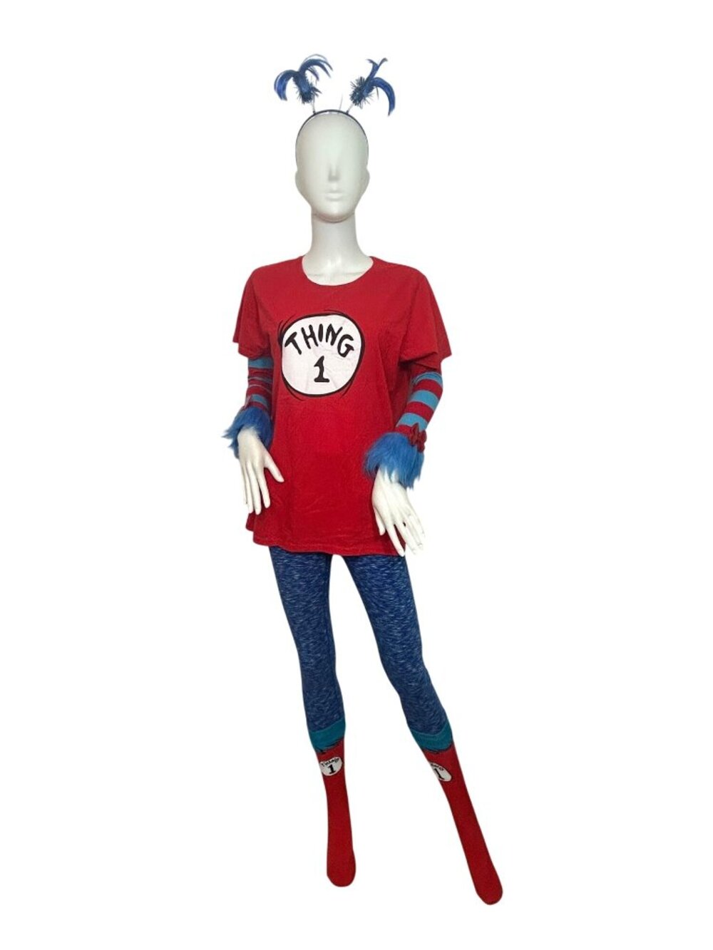 Thing 1 Seuss Costume Kit Women Top: L, Leggings S Headband Cuffs Socks Red Blue